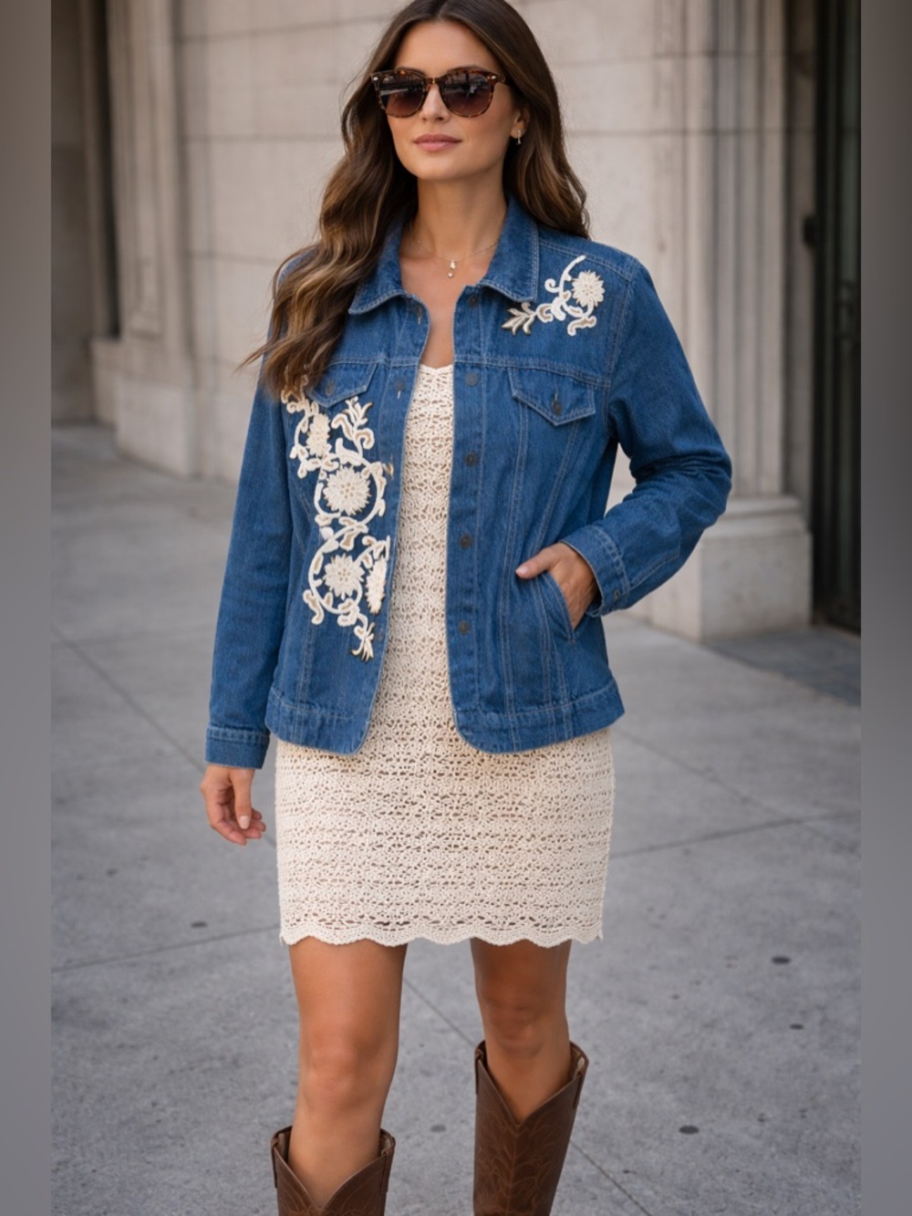 N.D.S. Vintage Denim Jacket w/ Floral Embroidery 90s 100% Cotton Women's Size XL